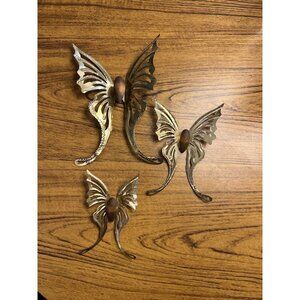 MCM Brass Butterfly Wall Hanging Decor Lot 3 Pc Set Vintage Metal Wood Gold
